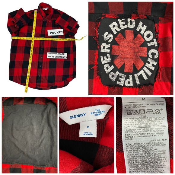 Upcycled Flannel Shirt Womens Medium Shacket Chili Peppers Red Country Grunge - Picture 6 of 16